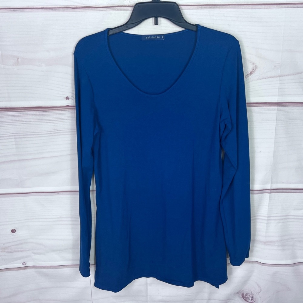 Cut Loose Top Womens M Blue Scoop Neck Tunic Blouse Side Slit Knit Long Sleeve